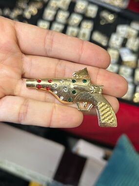 Gold-tone Jeweled Pistol  - Red & Green Accents